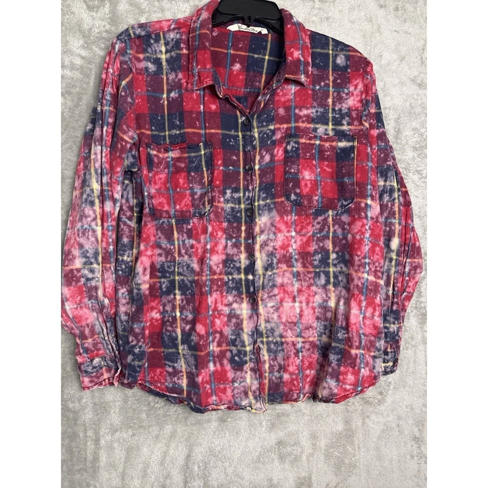Vanilla Star Plaid Button Up Shirt Womens Large Red‎ Blue Distressed Flannel